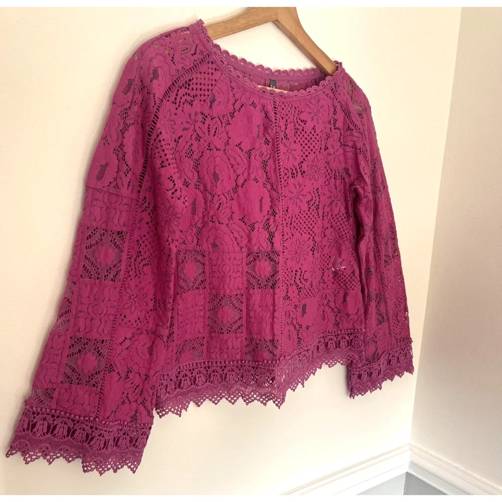 Anthropologie Long Sleeve‎ Lace Patches Blouse XS Lavender Pink
